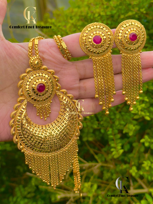 Arabian Mala Set With Earings | 24k Gold Plated | Hanging Chains With Ruby Stone | MLA