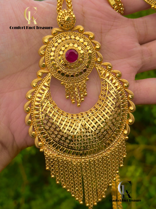 Arabian Mala Set With Earings | 24k Gold Plated | Hanging Chains With Ruby Stone | MLA